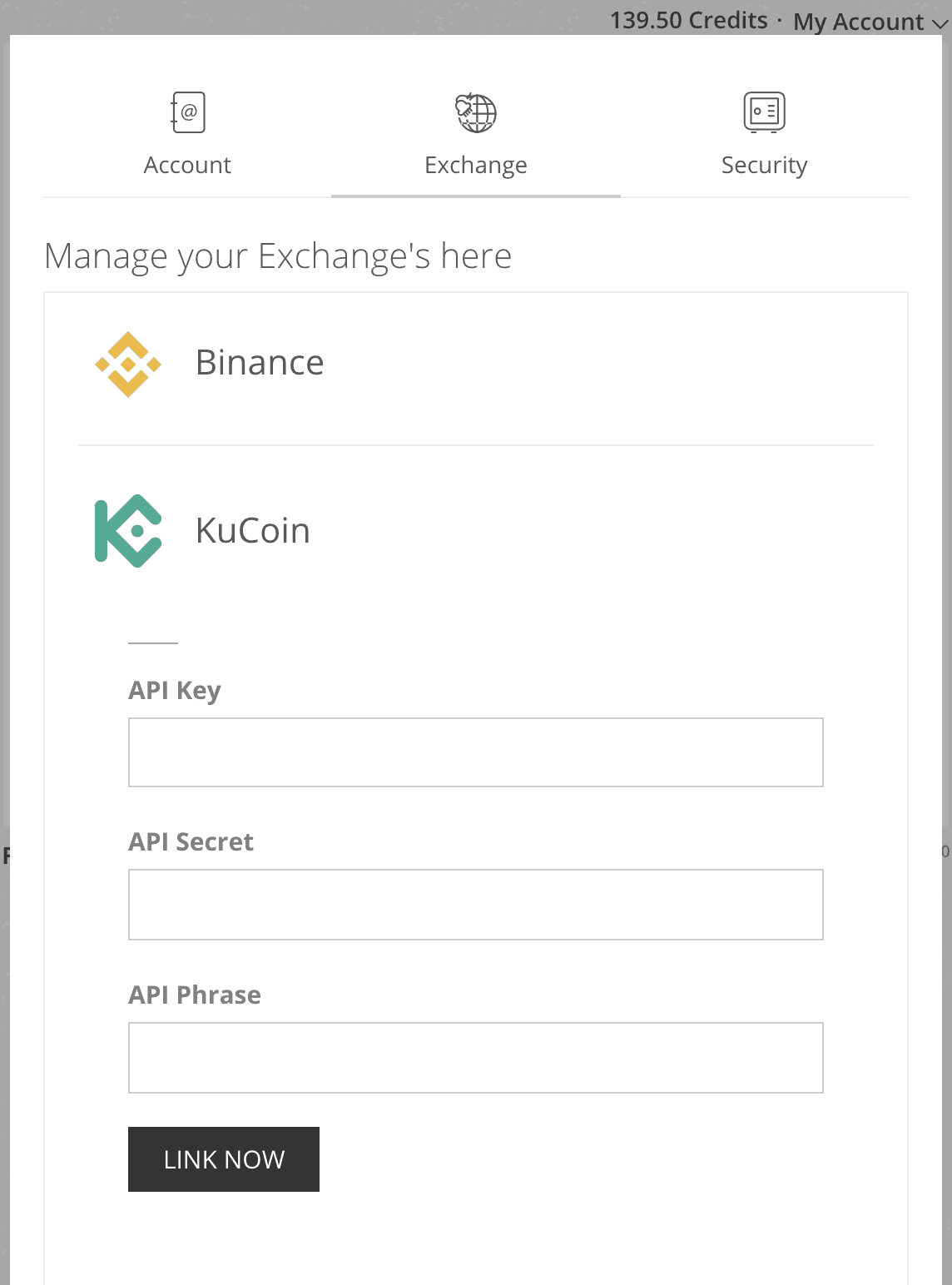 AltPump.io Account Settings Exchanges KuCoin