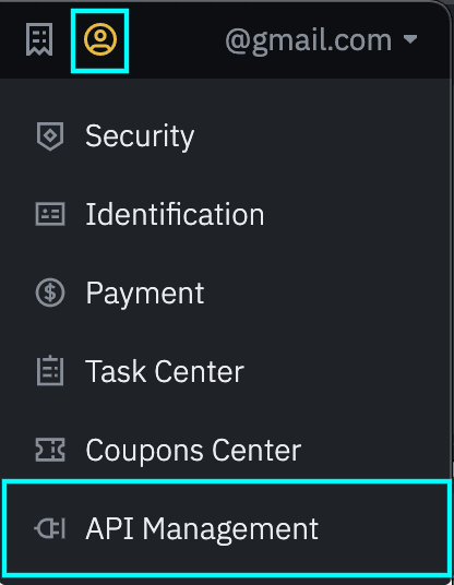 Binance Account dropdown options