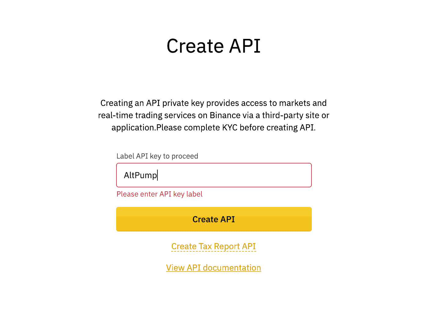 Binance Account create API