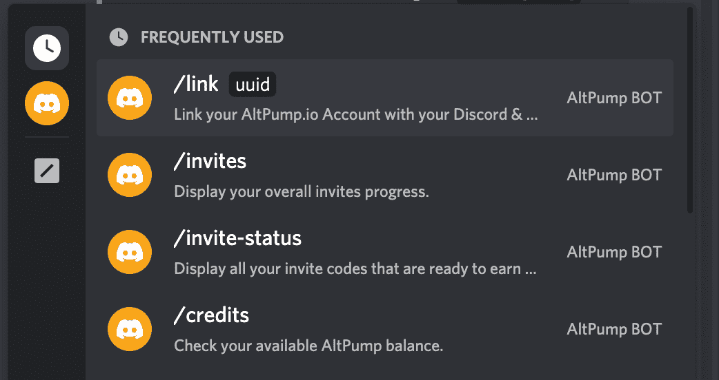 AltPump.io Bot Discord Server Commands