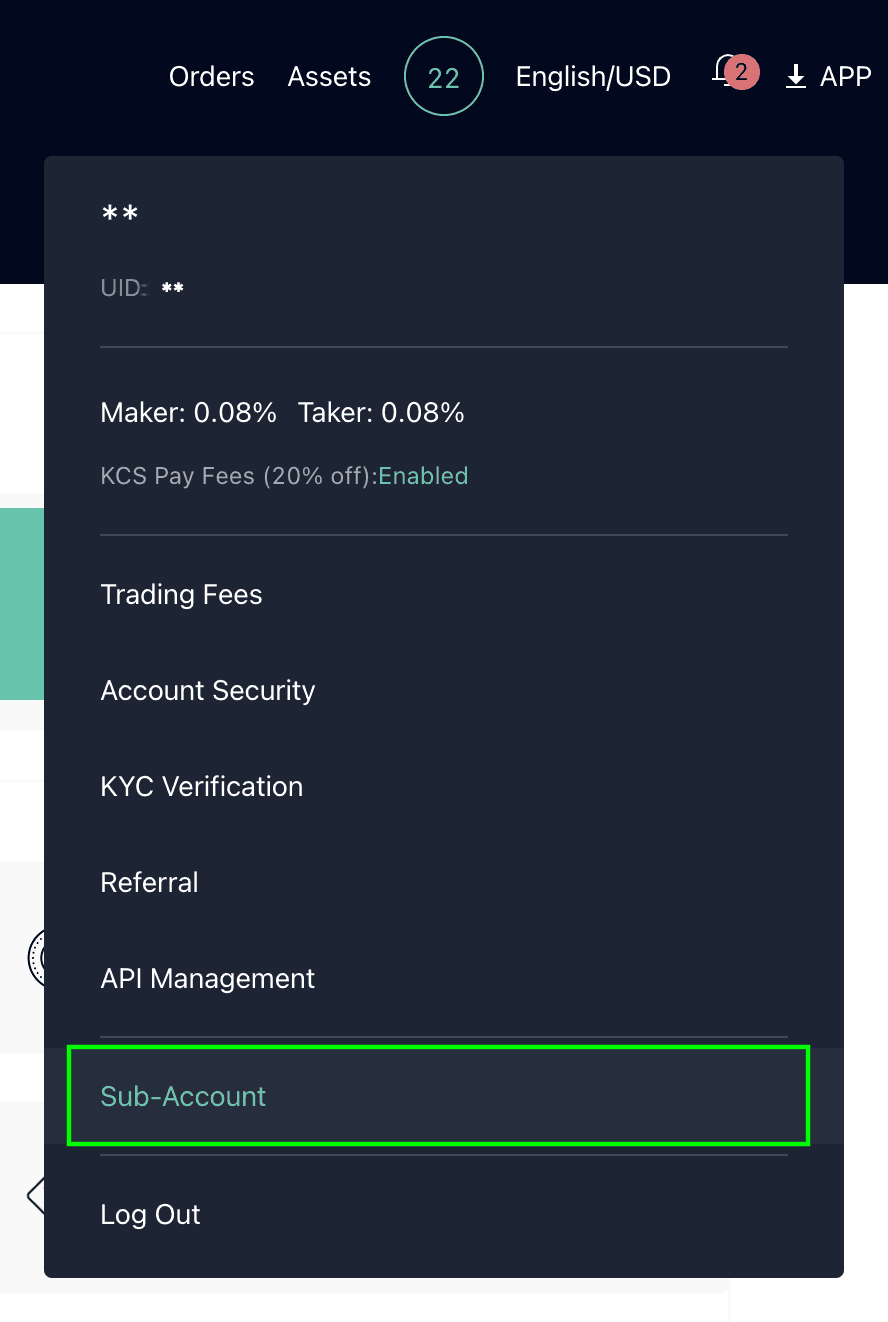 KuCoin Account dropdown options looking for Sub-Account