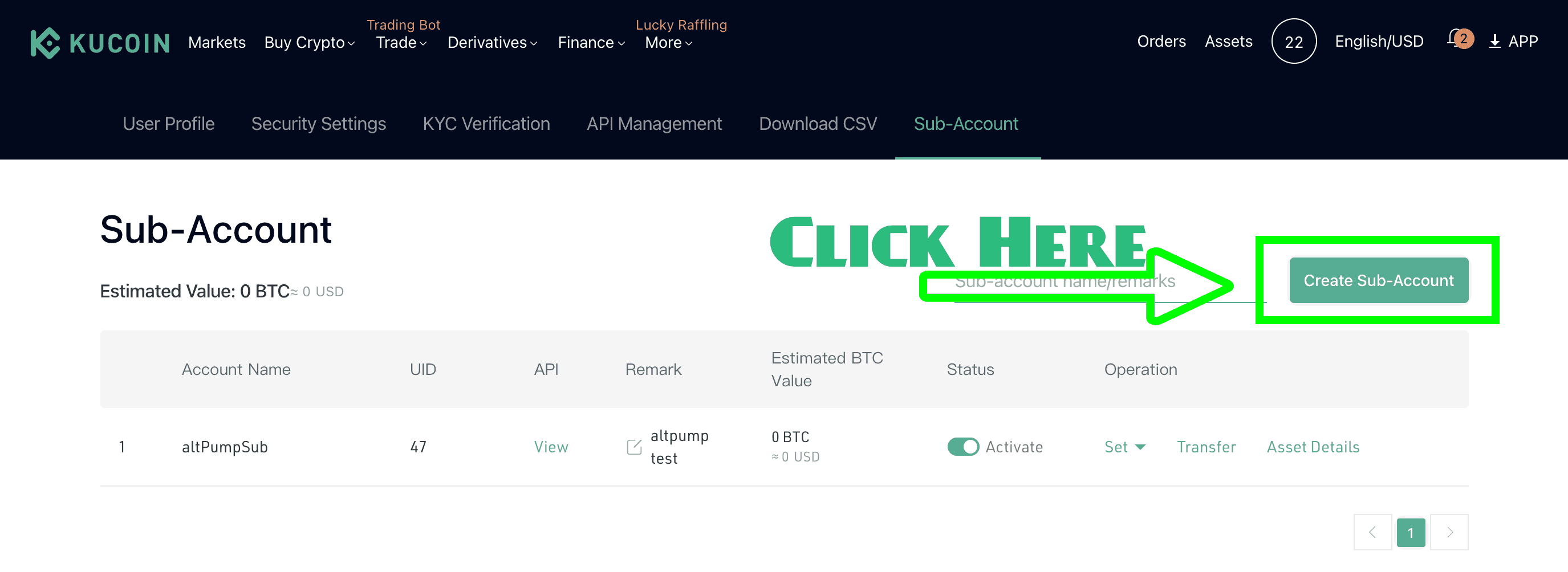 KuCoin Sub-Account Page